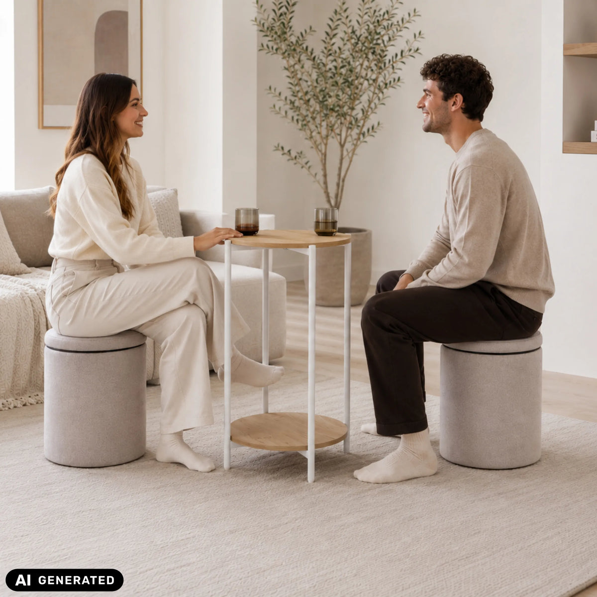 Table d'appoint Nestup 1 en blanc et chêne avec tabouret rembourré intégré de hjh LIVING (image générée par IA)