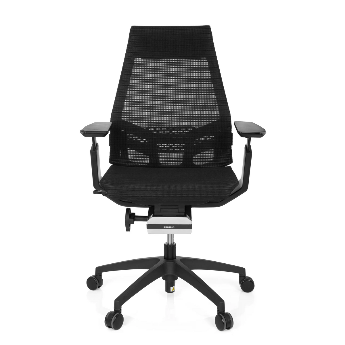 Siège de bureau de qualité professionnelle GENIDIA SMART BLACK noir, dossier maille et base à 5 roulettes de hjh OFFICE – vue à 360° (vue de face 0°)