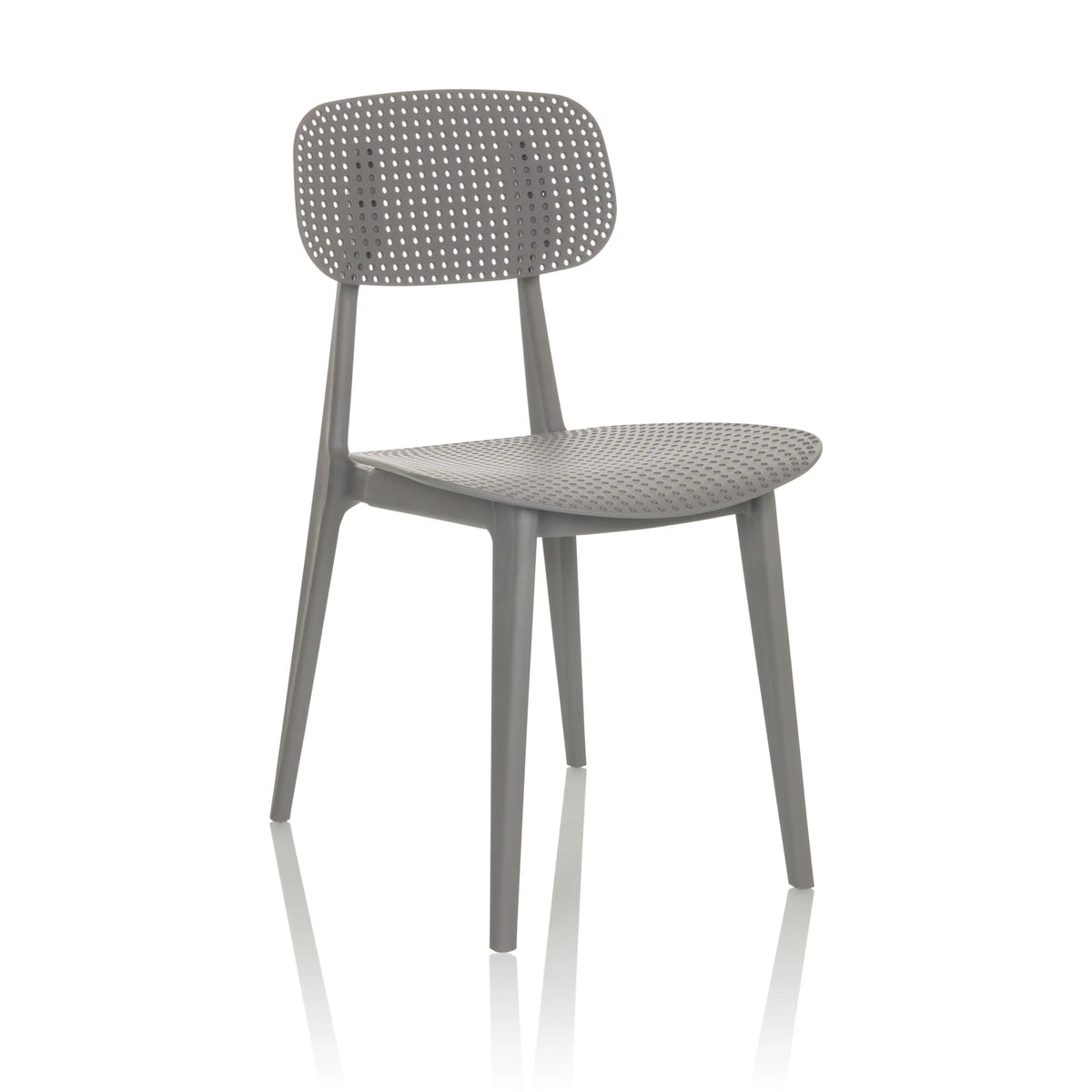 Chaise d'extérieur grise ARTIFO HOL avec dossier et assise perforés de hjh OFFICE – vue à 360° (vue de trois quarts avant 30°)