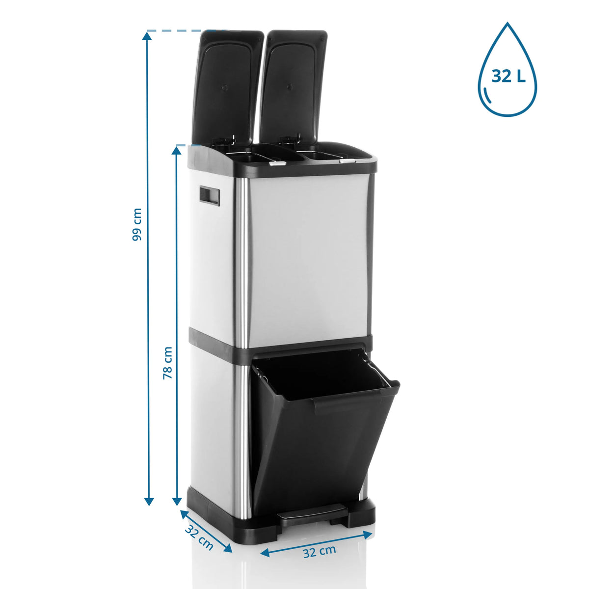 Dessin coté de la poubelle CLEAN VII avec une hauteur de 99 cm et un volume de 32 L de hjh OFFICE