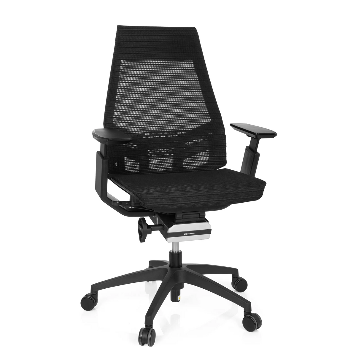 Siège de bureau de qualité professionnelle GENIDIA SMART BLACK noir, dossier maille et base à 5 roulettes de hjh OFFICE – vue à 360° (vue de face 20°)