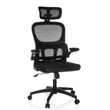 Siège de bureau à domicile ERGOMY FLEX noir avec dossier en maille, appui-tête et base à cinq roulettes de MyBuero – vue à 360° (vue de face 15°)