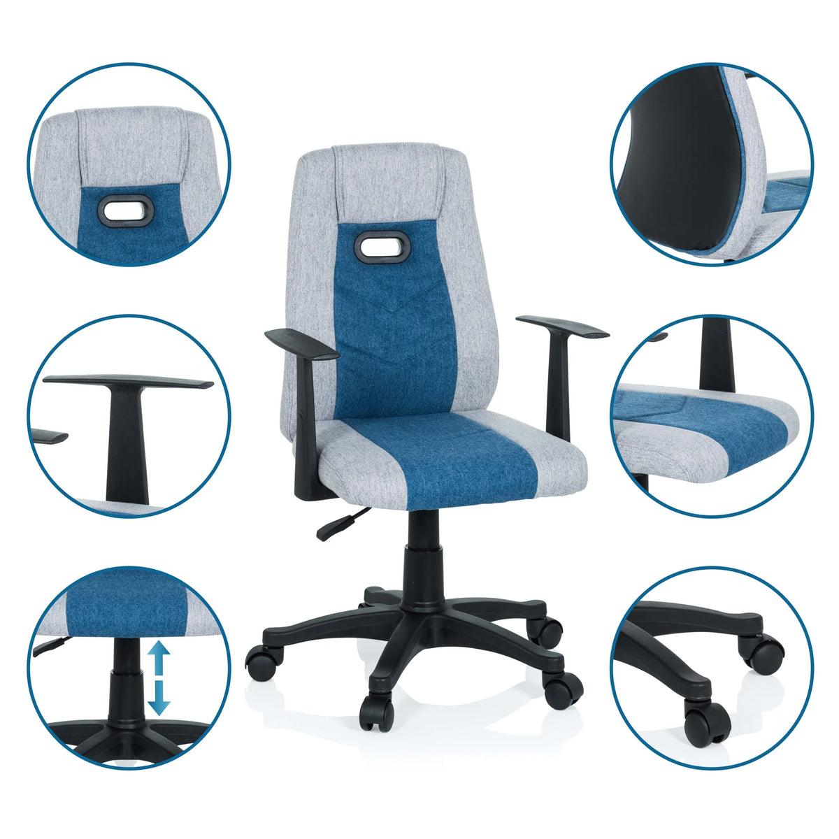 Chaise pivotante pour des enfants KIDDY EXTRA en gris-bleu avec vues détaillées de l'accoudoir, du vérin à gaz et des roulettes de hjh OFFICE