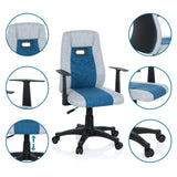 Chaise pivotante pour des enfants KIDDY EXTRA en gris-bleu avec vues détaillées de l'accoudoir, du vérin à gaz et des roulettes de hjh OFFICE