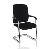 Chaises cantilever LEVIA VP noires avec accoudoirs et structure chromée de hjh OFFICE – vue à 360° (vue de trois quarts avant 30°)