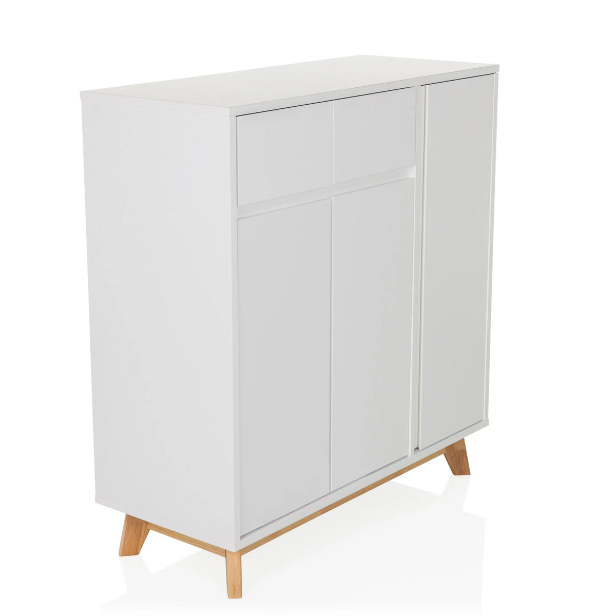 Commode blanche ESTHA avec deux tiroirs, trois portes et pieds en bois clair de hjh LIVING – vue à 360° (vue de trois quarts avant 45°)