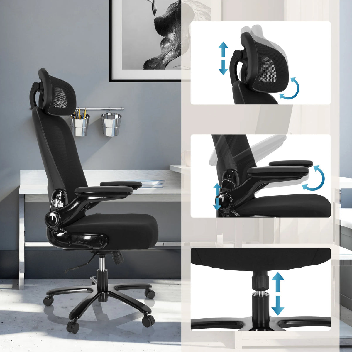 Possibilités de réglage de l'appui-tête, des accoudoirs et de la hauteur d'assise du Siège pivotant XXL INSTRUCTOR SW I PRO de hjh OFFICE