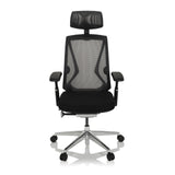 Siège de bureau haut de gamme INSPERO noir avec dossier en maille, appui-tête et base à cinq roulettes de hjh OFFICE – vue à 360° (vue de face 0°)