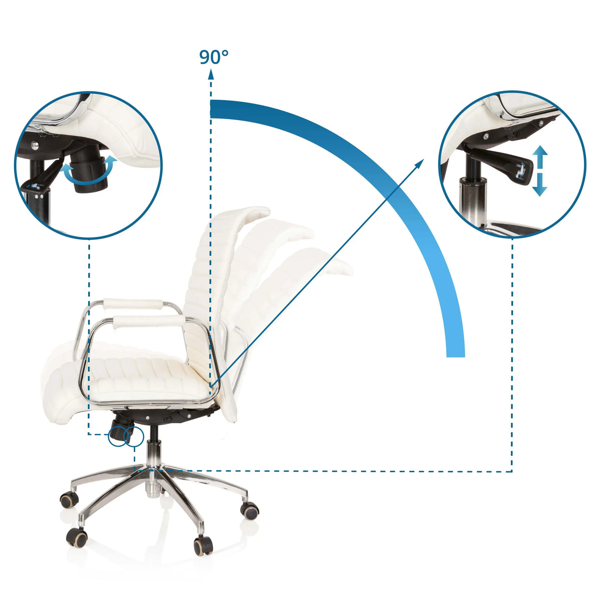 Réglages de la hauteur et rotation à 90° du siège de direction ASPERA 10 en blanc crème de hjh OFFICE