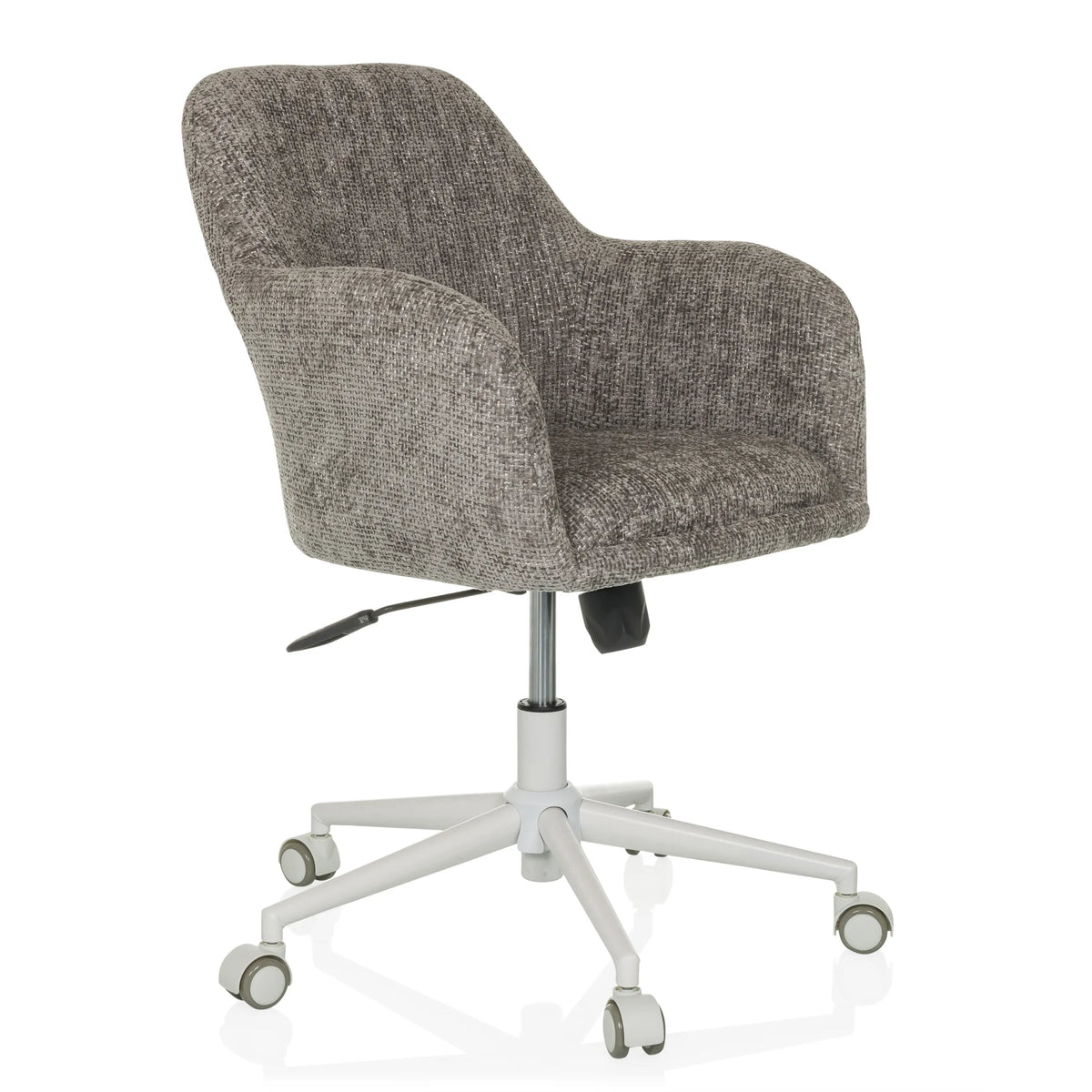 Siège de bureau à domicile SOLAO HOME gris avec revêtement en tissu et piètement blanc à cinq roulettes de hjh LIVING – vue à 360° (vue de trois quarts avant 45°)