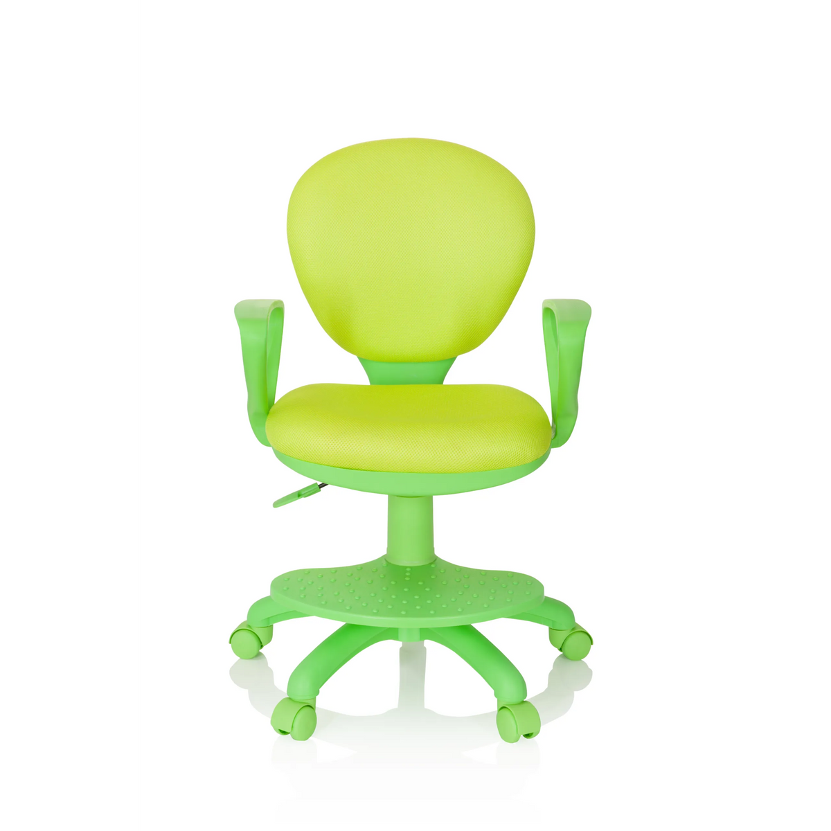 Chaise pivotante pour des enfants KID COLOUR verte avec accoudoirs et piètement à cinq roulettes de hjh OFFICE – vue à 360° (vue de face 0°)