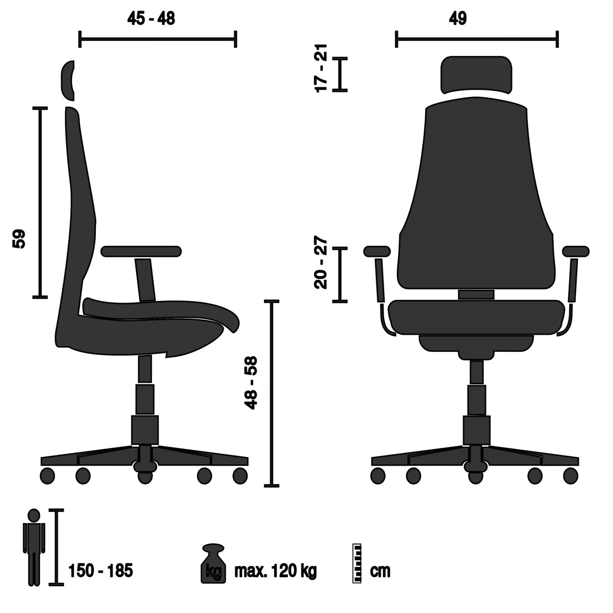 Dessin technique du Siège de bureau de qualité professionnelle ERGO LINE W avec une capacité de charge maximale de 120 kg de hjh OFFICE