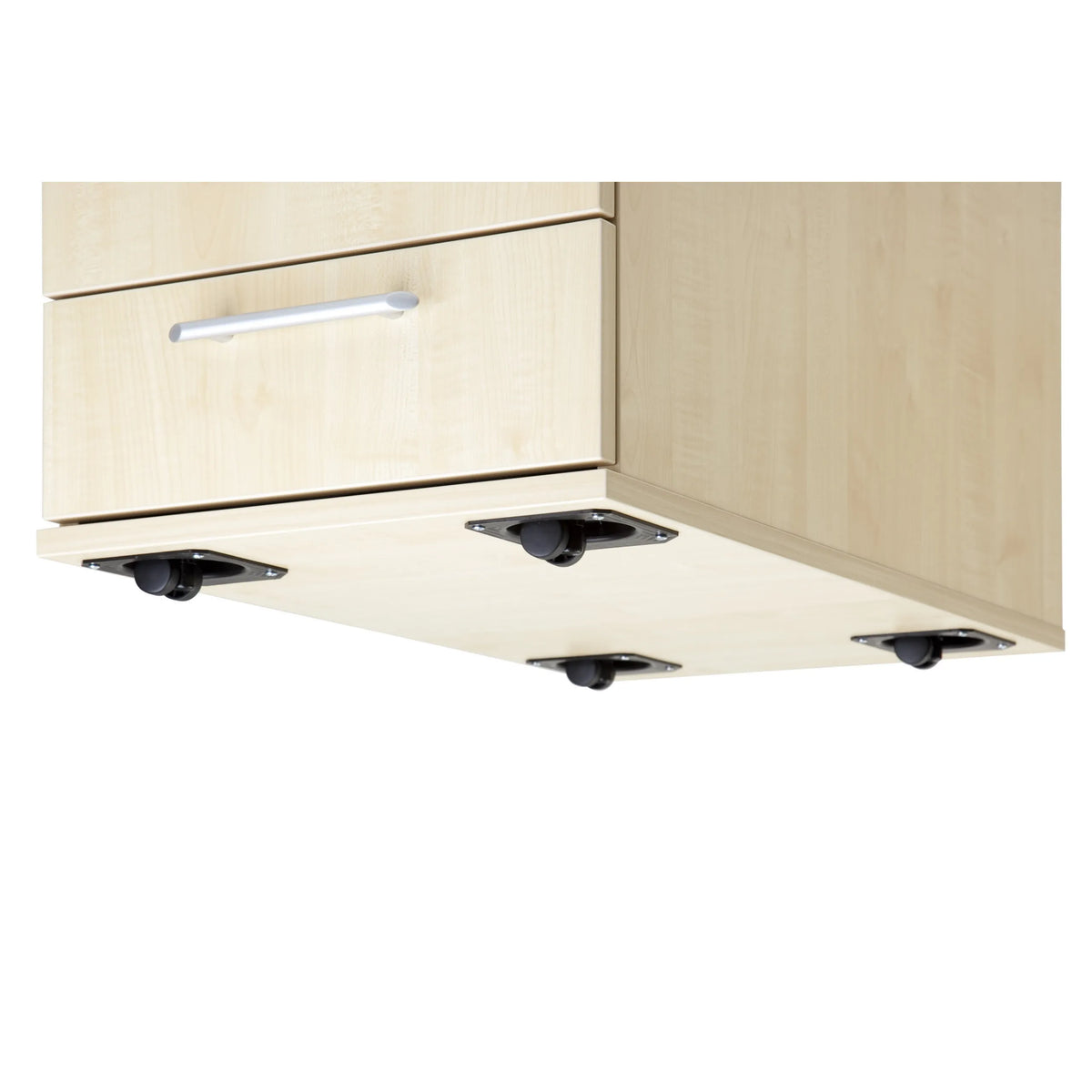 Vue inférieure avec quatre roulettes du Caisson bureau sur roulettes SIGNA TC20 aspect chêne de hjh OFFICE PRO