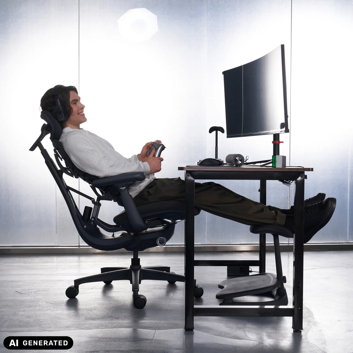 High-End-Bürostuhl LiberNovo Omni in Schwarz mit Beinstütze von Libernovo (KI-generiertes Bild)