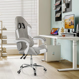 Fauteuil Gamer GAMEBREAKER W03 gris et blanc avec accoudoirs et roulettes devant un bureau blanc de MyBuero