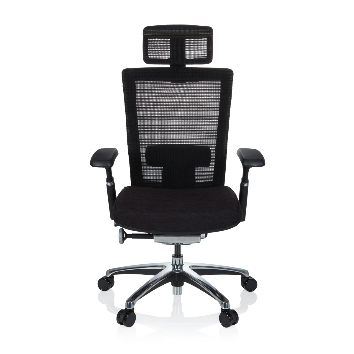 Siège de bureau haut de gamme NOVA PRO I noir avec dossier en maille et base à cinq roulettes de hjh OFFICE – vue à 360° (vue de face 0°)