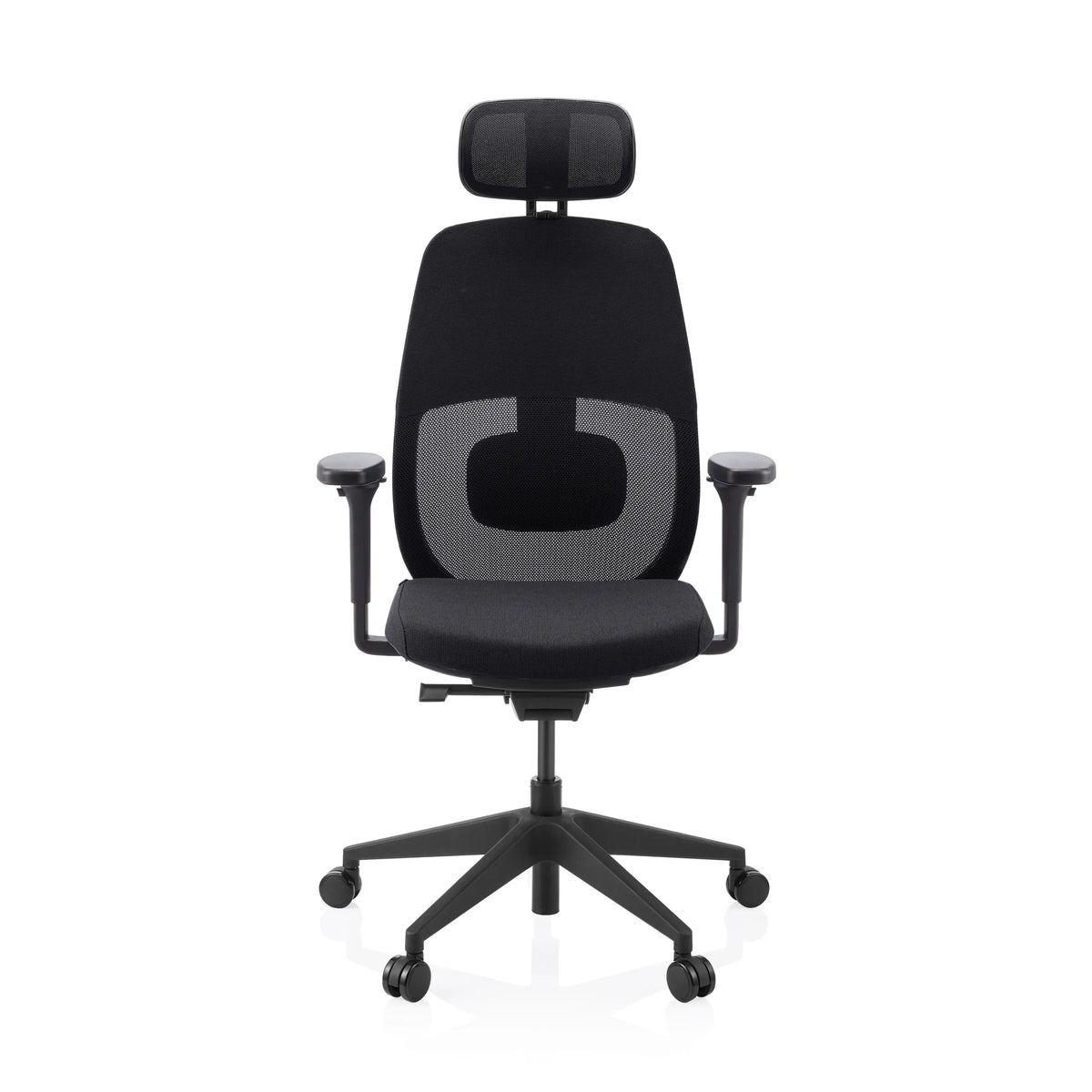 Siège de bureau de qualité professionnelle Skandis Pro noir, appui-tête, dossier maille et 5 roulettes de hjh OFFICE – vue à 360° (vue de face 0°)
