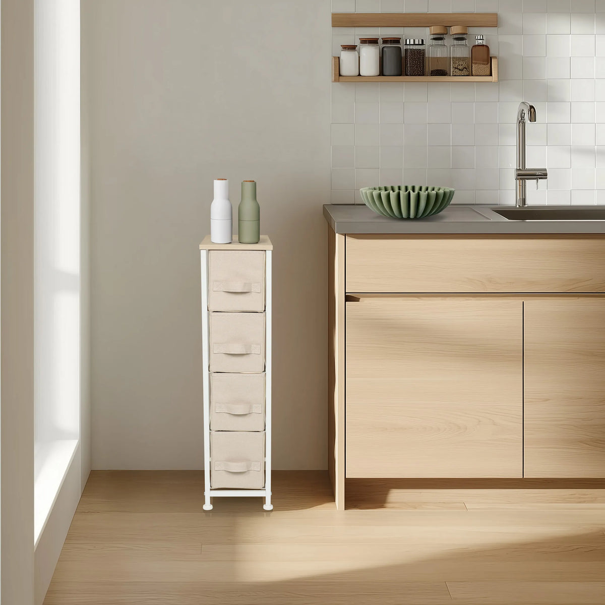 Commode beige FOLDRESS S avec quatre tiroirs en tissu et structure blanche de hjh LIVING