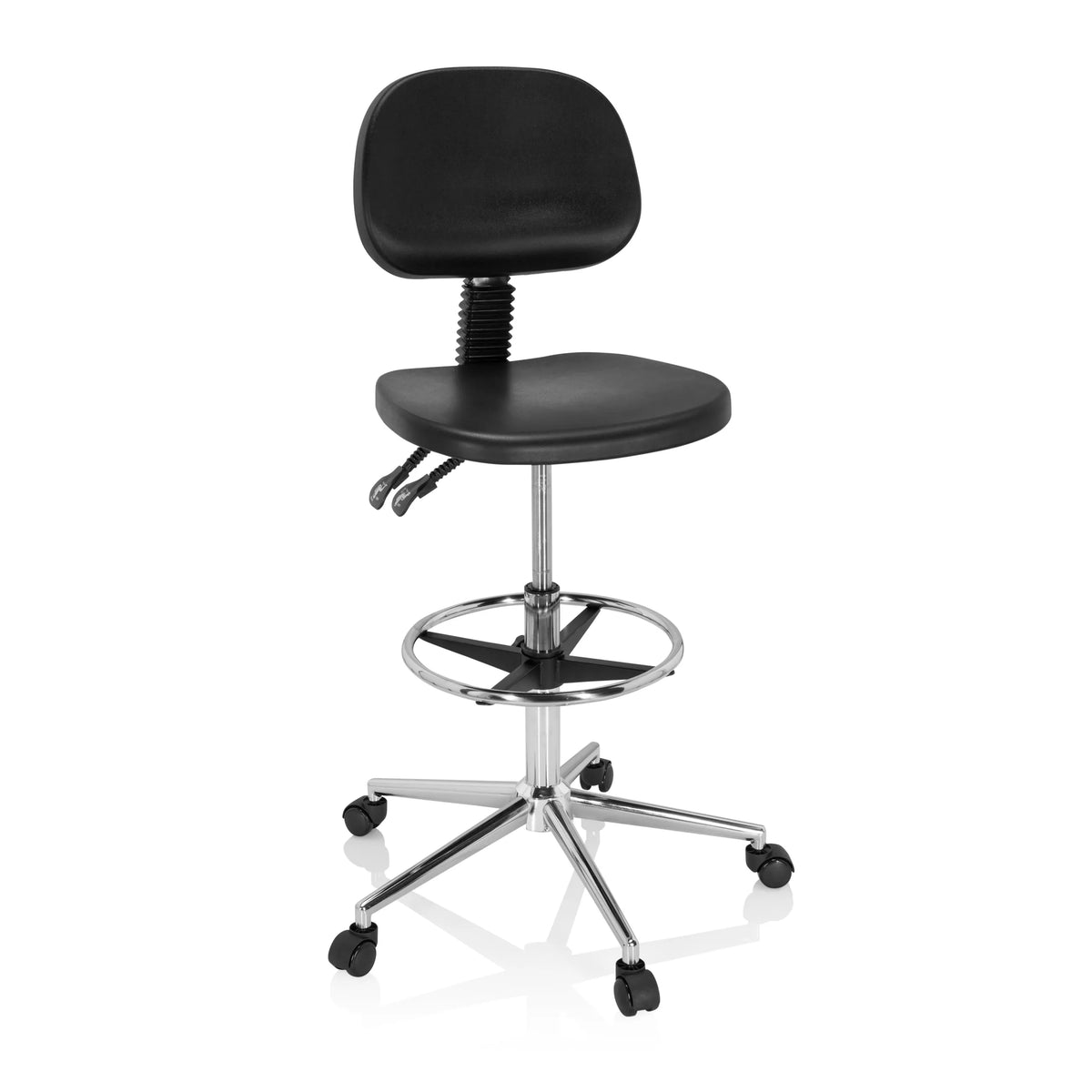 Chaise de comptoir noire TOP WORK 24 I avec repose-pieds et étoile à cinq roulettes de hjh OFFICE – vue à 360° (vue de face 20°)