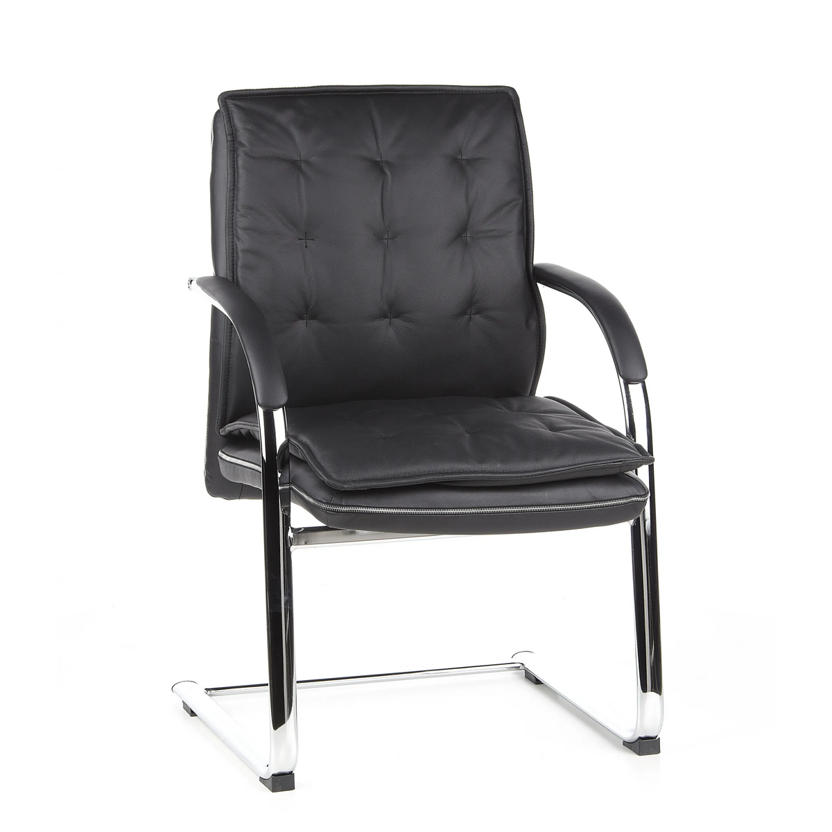 Chaises cantilever VILLA V noires avec rembourrage capitonné et accoudoirs de hjh OFFICE – vue à 360° (vue de face 20°)