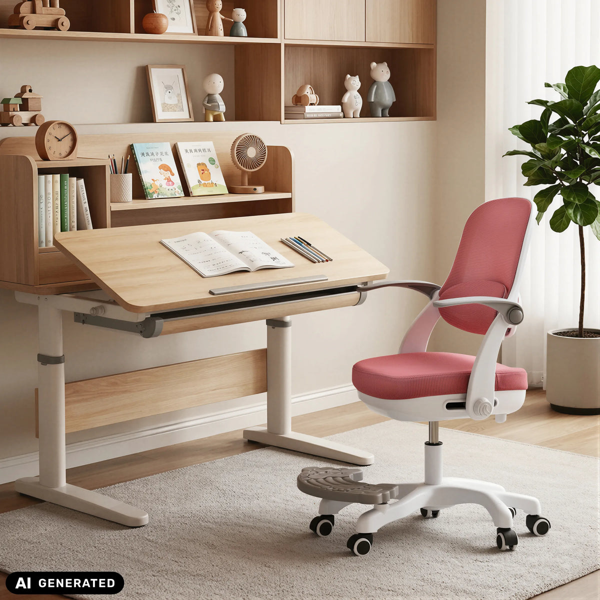 Chaise pivotante pour enfants Kiddy Smart Step rose à un bureau réglable en hauteur de hjh OFFICE (image générée par IA)