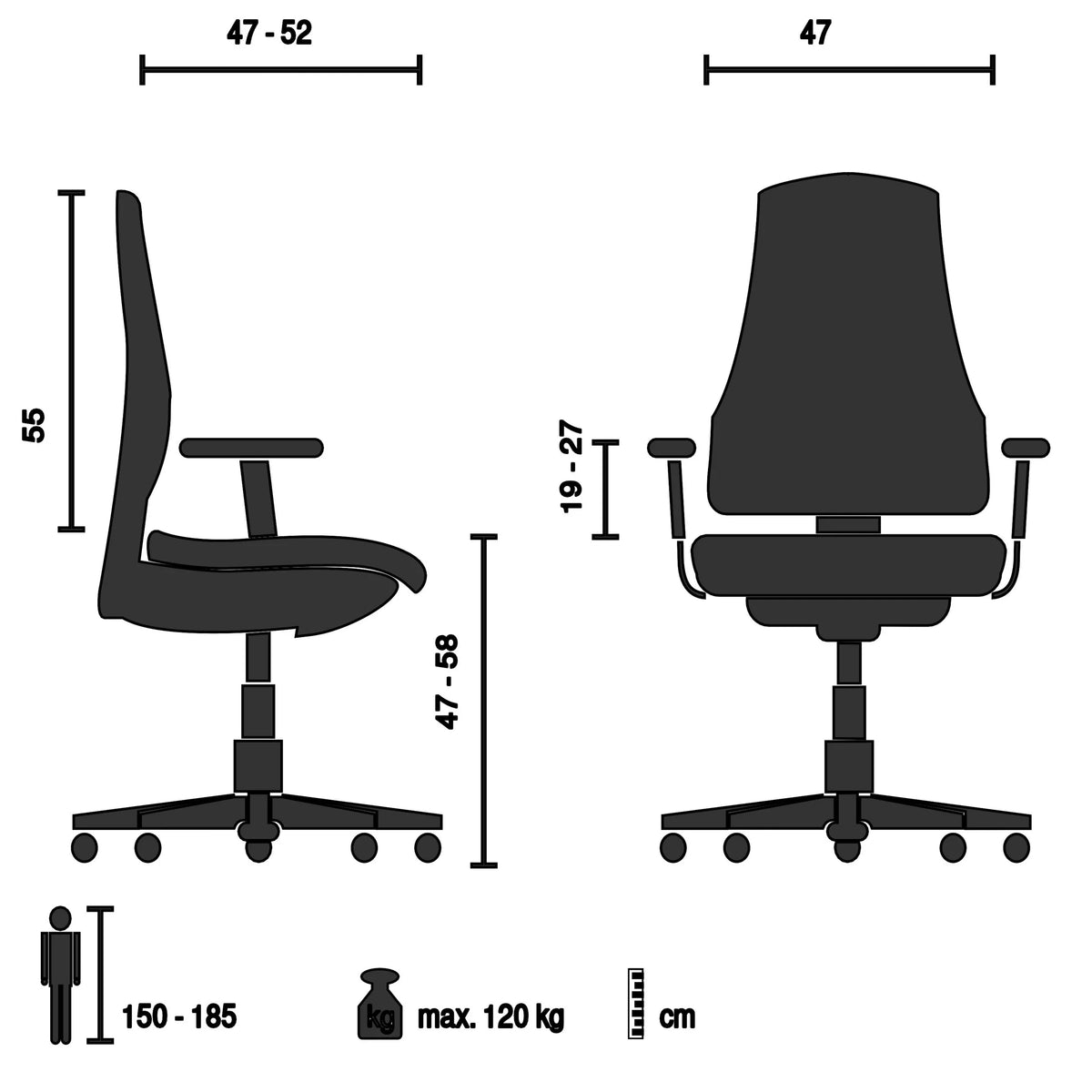 Dessin technique du Siège de bureau de qualité professionnelle ASTRA BASE avec une capacité de charge maximale de 120 kg de hjh OFFICE