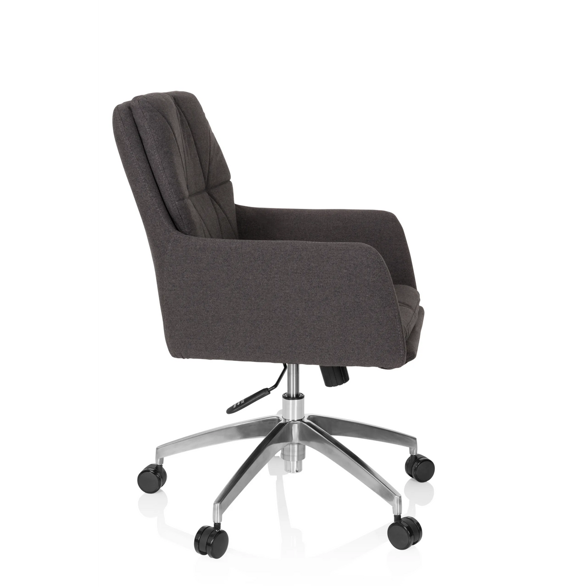 Siège de bureau à domicile SHAKE 350 gris foncé avec motif surpiqué et base à cinq roulettes de hjh OFFICE – vue à 360° (vue de profil 80°)