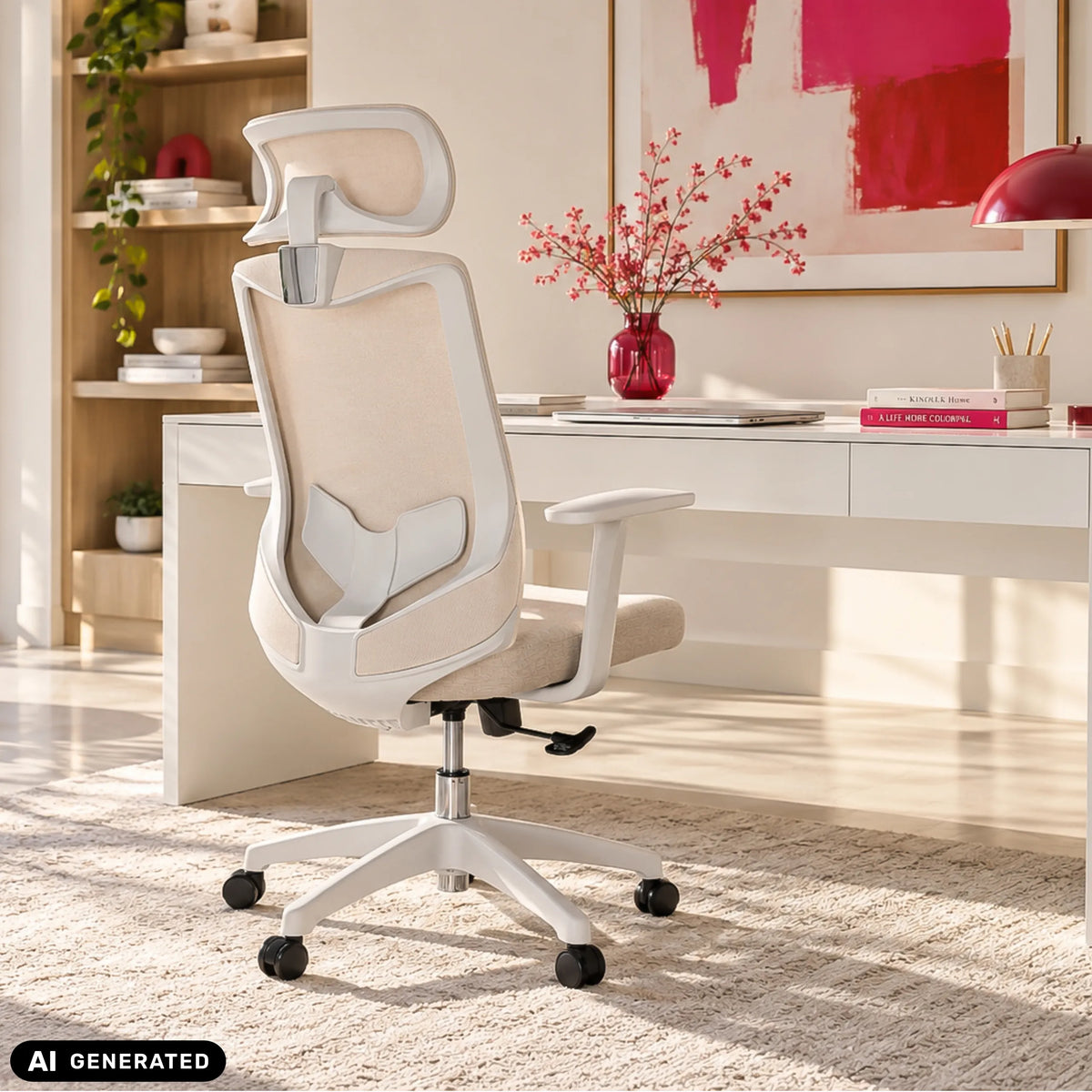 Siège de bureau à domicile MIKEO W beige à un bureau dans une pièce lumineuse de hjh OFFICE