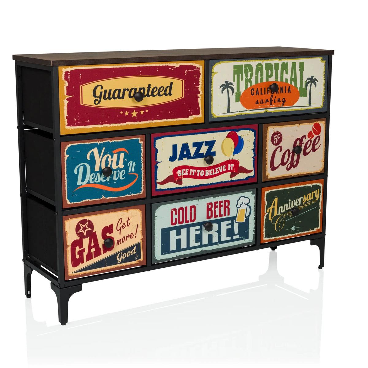 Commode AMERIKO B avec six tiroirs vintage imprimés colorés et pieds noirs de hjh LIVING – vue à 360° (vue de trois quarts avant 30°)