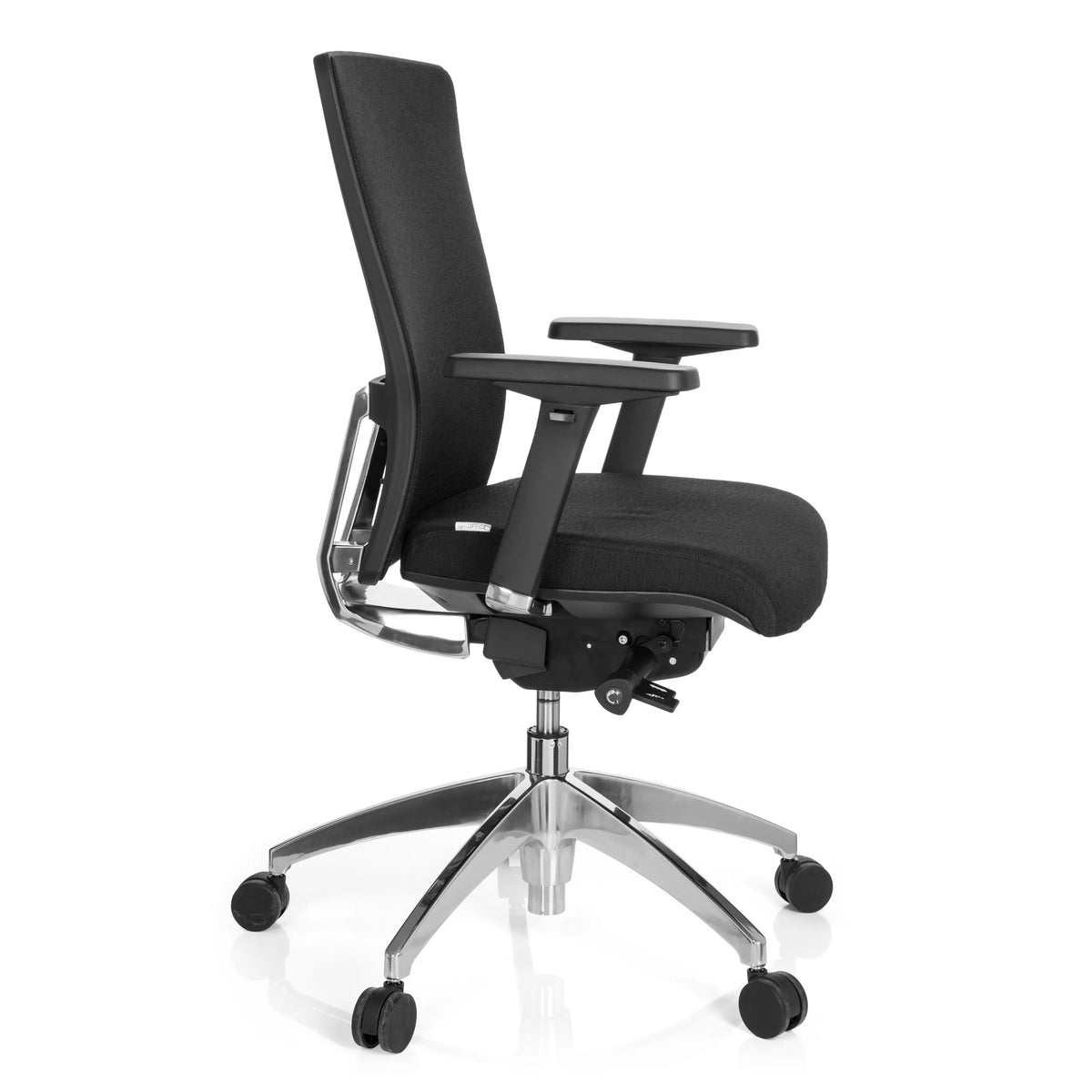 Siège de bureau de qualité professionnelle ASTRA BASE noir avec accoudoirs et base à cinq roulettes de hjh OFFICE – vue à 360° (vue de profil 80°)