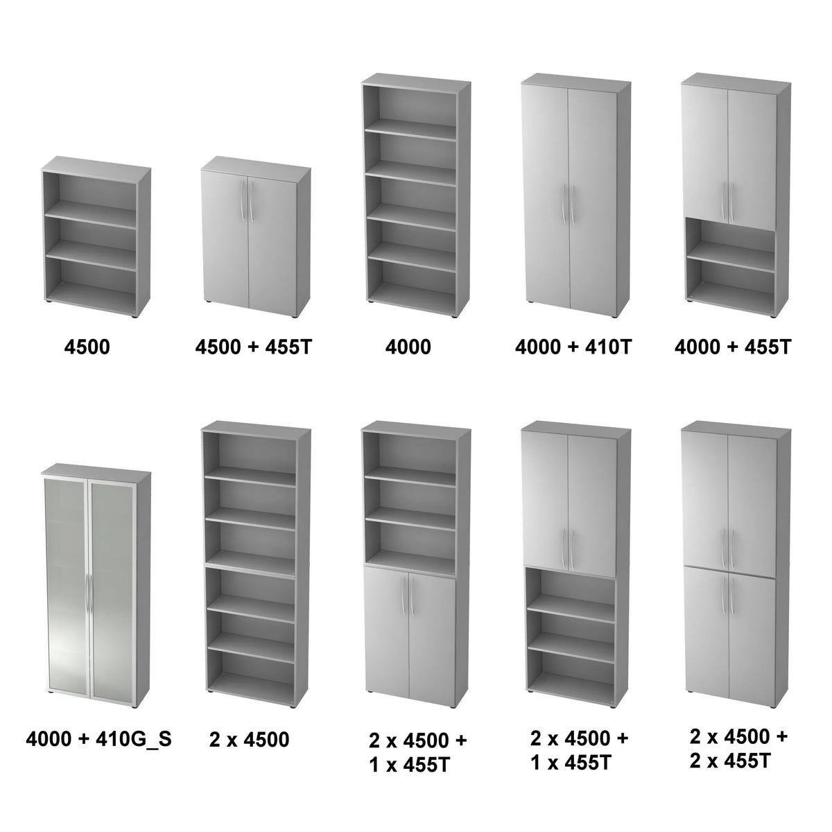 Différentes options de configuration de l'étagère BETA 4000 en gris avec niches ouvertes et portes de hjh OFFICE PRO