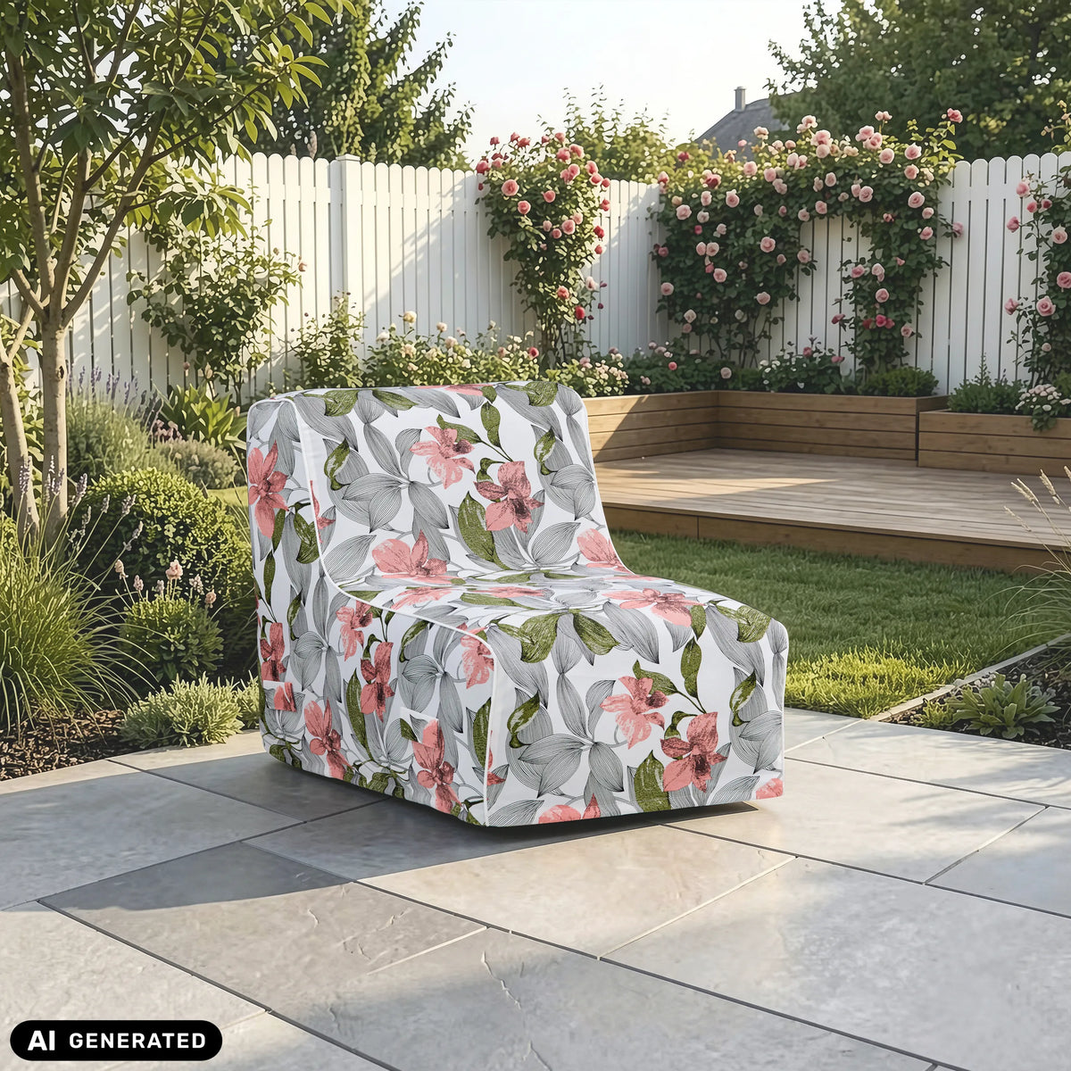 Canapé Gonflable Sitzolo Air en blanc-gris-rose avec motif floral de hjh LIVING (image générée par IA)