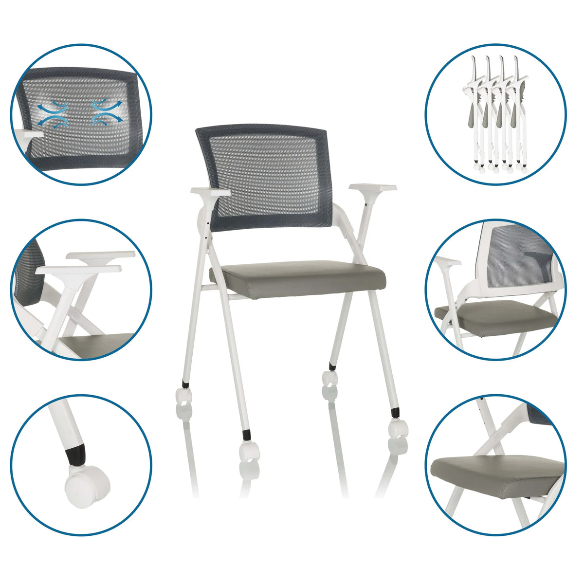 Chaise pliante PRIORITY II W PU grise avec dossier en maille, accoudoirs et roulettes, incluant des vues détaillées de hjh OFFICE
