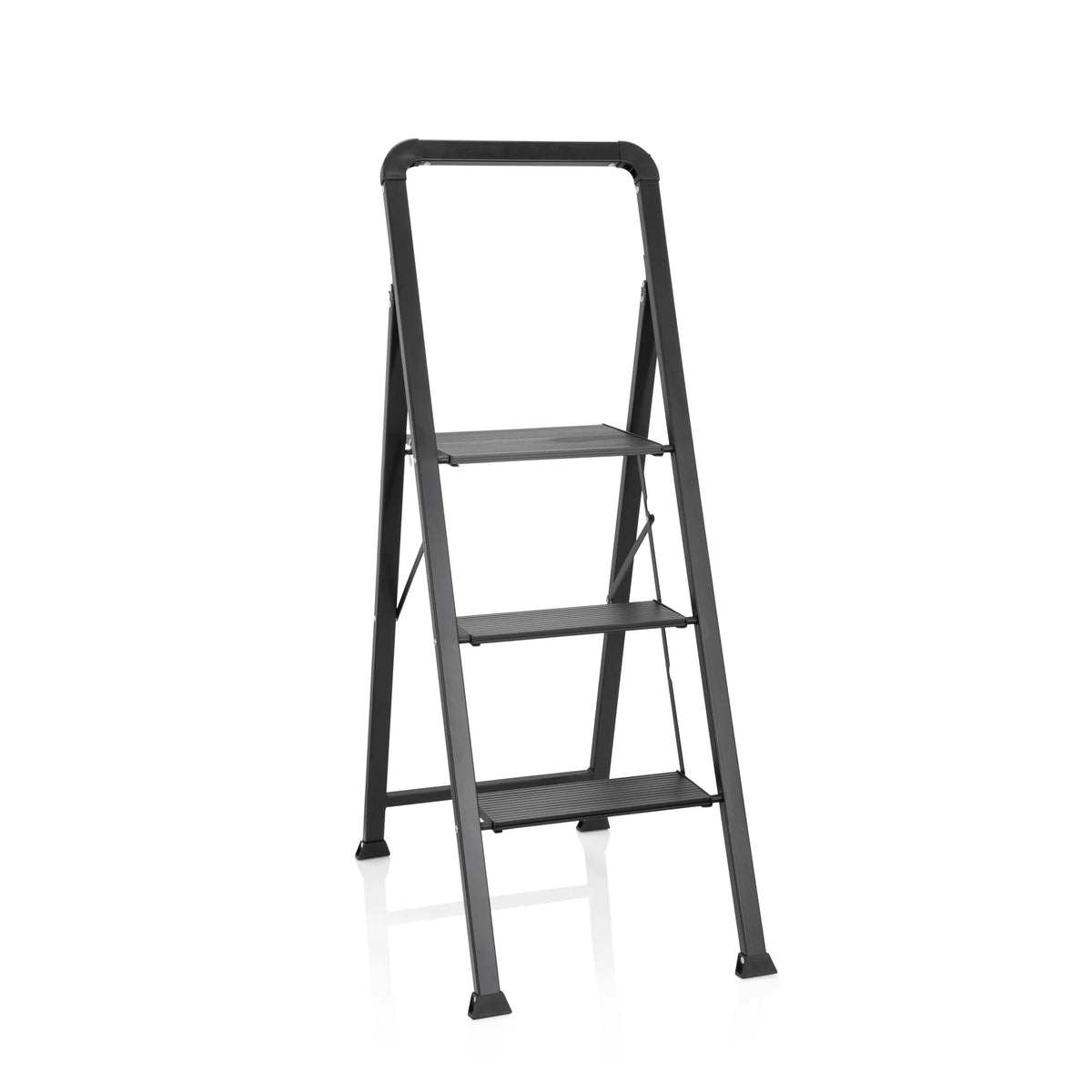 Échelle pliante SOLID W6 noire avec trois marches et une poignée de hjh OFFICE – vue à 360° (vue de face 20°)