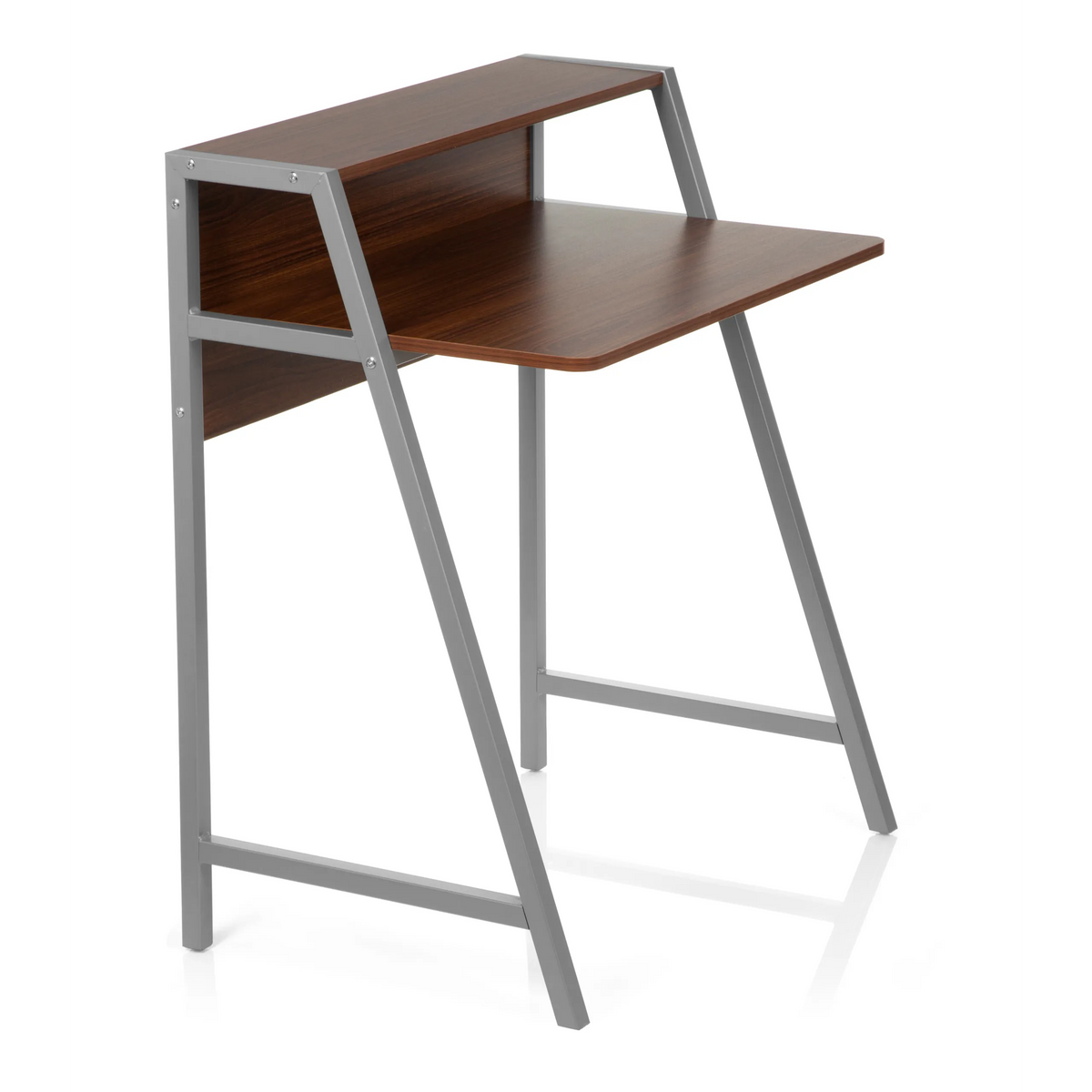 Bureau DUMONT couleur noyer avec structure argentée et rehausse de hjh OFFICE – vue à 360° (vue de trois quarts avant 60°)