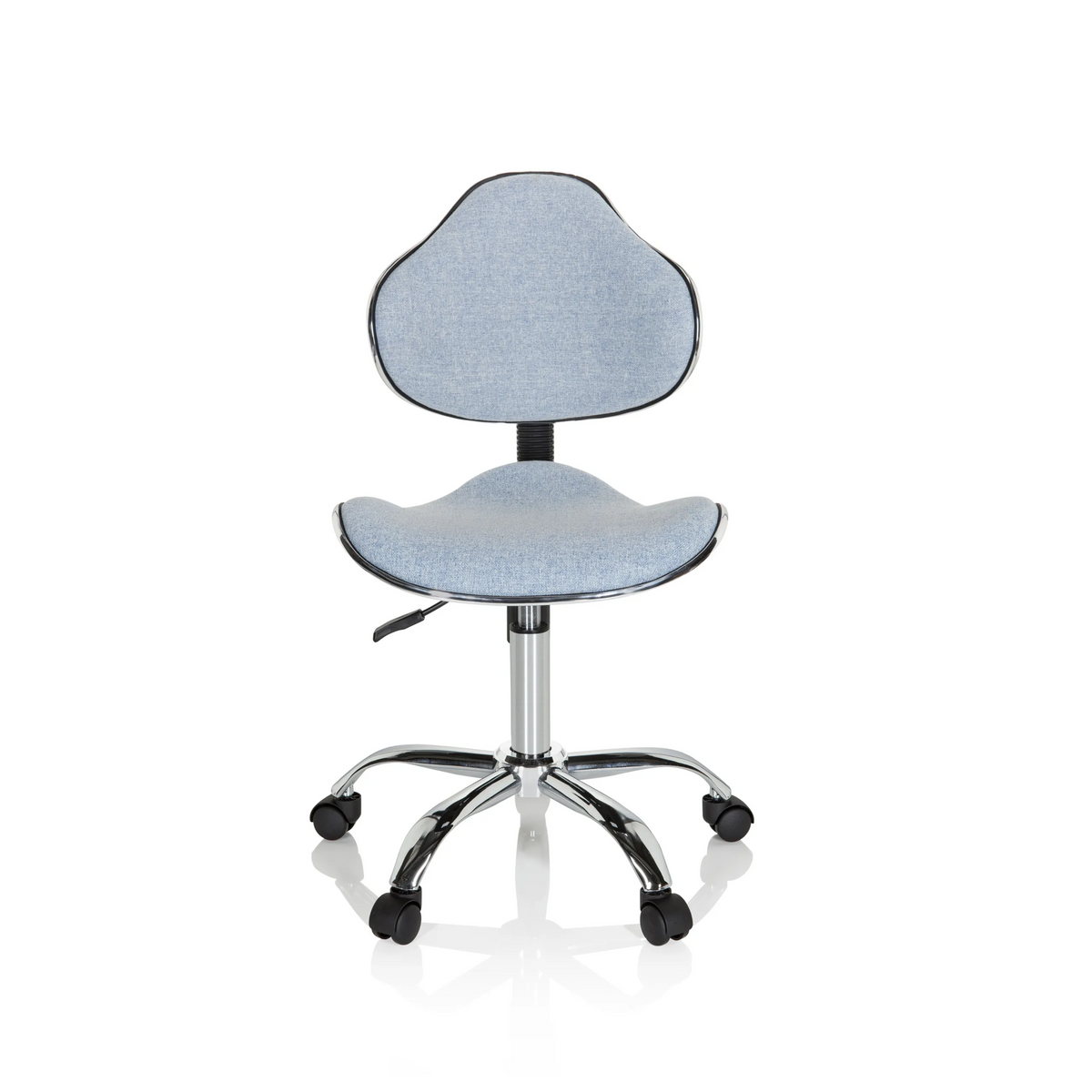Chaise pivotante pour des enfants KIDDY GTI-3 bleue avec assise rembourrée et piètement à cinq roulettes de hjh OFFICE – vue à 360° (vue de face 0°)