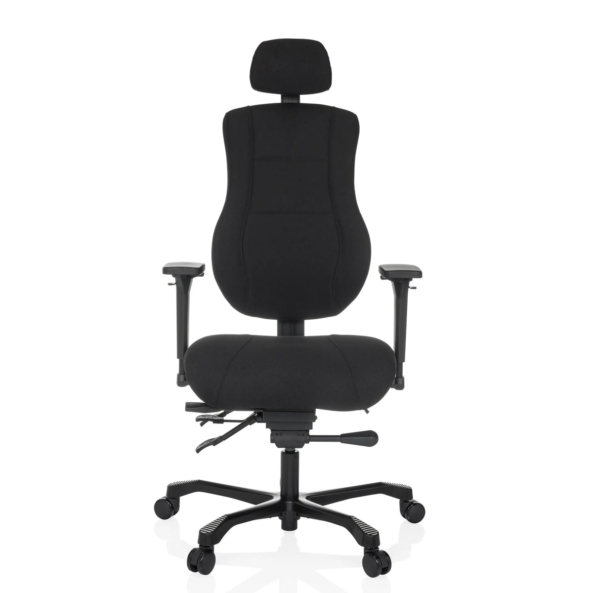 Siège pivotant XXL 24 HOURS BASIC noir avec appui-tête et piètement à cinq roulettes de hjh OFFICE – vue à 360° (vue de face 0°)