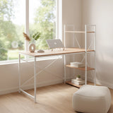 Bureau Easy Up3 en blanc et chêne avec étagère intégrée et structure en métal blanc de hjh LIVING