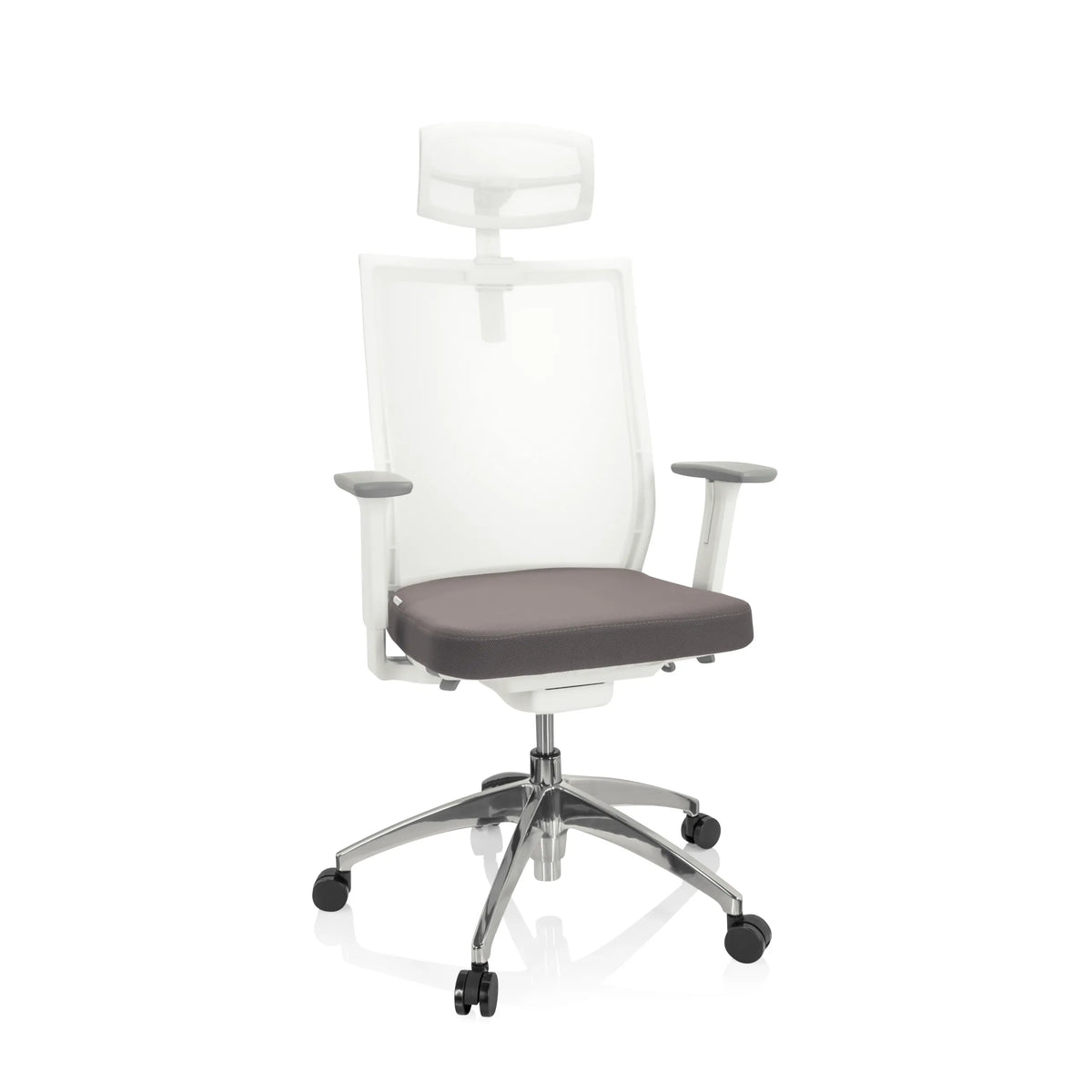 Siège de bureau de qualité professionnelle ASPEN WHITE PRO gris et blanc avec dossier en maille, appuie-tête et base à cinq roulettes de hjh OFFICE – vue à 360° (vue de face 20°)