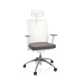Siège de bureau de qualité professionnelle ASPEN WHITE PRO gris et blanc avec dossier en maille, appuie-tête et base à cinq roulettes de hjh OFFICE – vue à 360° (vue de face 20°)