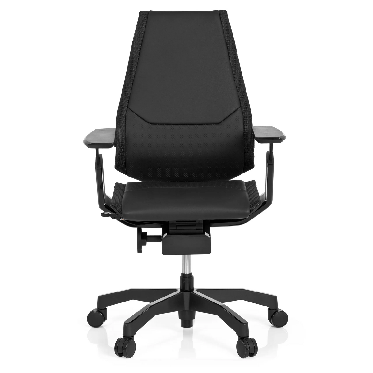 Siège de bureau haut de gamme GENIDIA BLACK noir en cuir avec accoudoirs et pied à cinq roulettes de hjh OFFICE – vue à 360° (vue de face 0°)