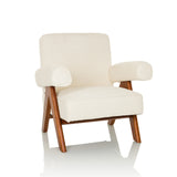 Fauteuil de salon POOLY blanc avec revêtement texturé et pieds en bois foncé de hjh LIVING – vue à 360° (vue de face 15°)