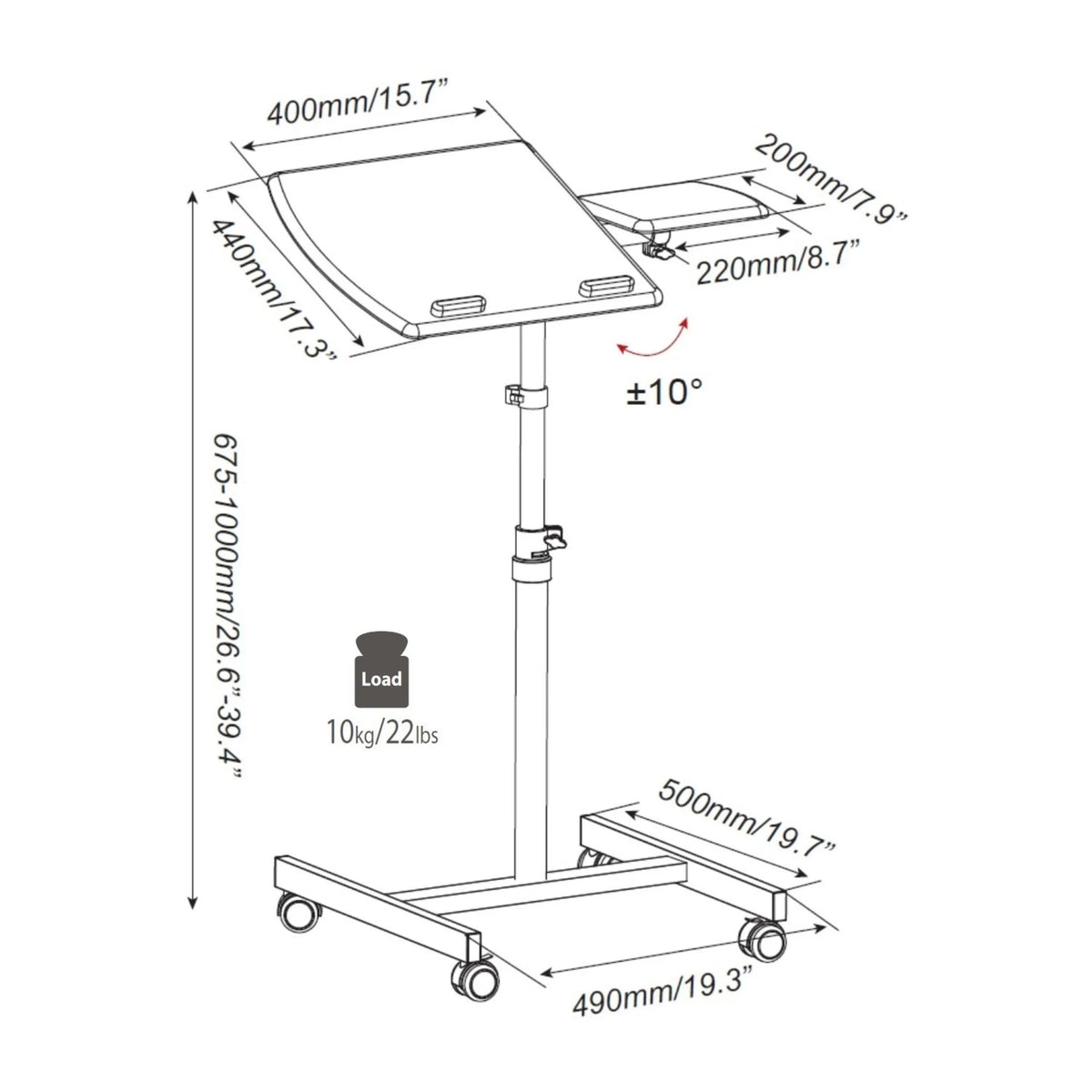 Dessin technique du Bureau assis-debout VM-SL avec une hauteur de 675 à 1000 mm de hjh OFFICE