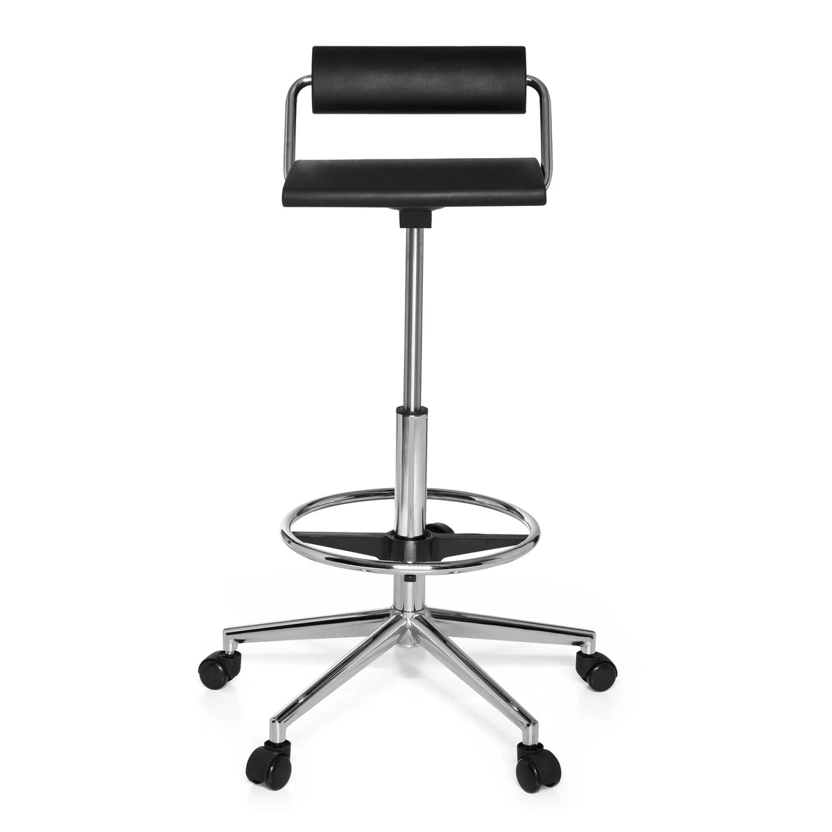 Tabouret pivotant noir TOP WORK 28 avec repose-pieds et piètement à cinq roulettes de hjh OFFICE – vue à 360° (vue de face 0°)