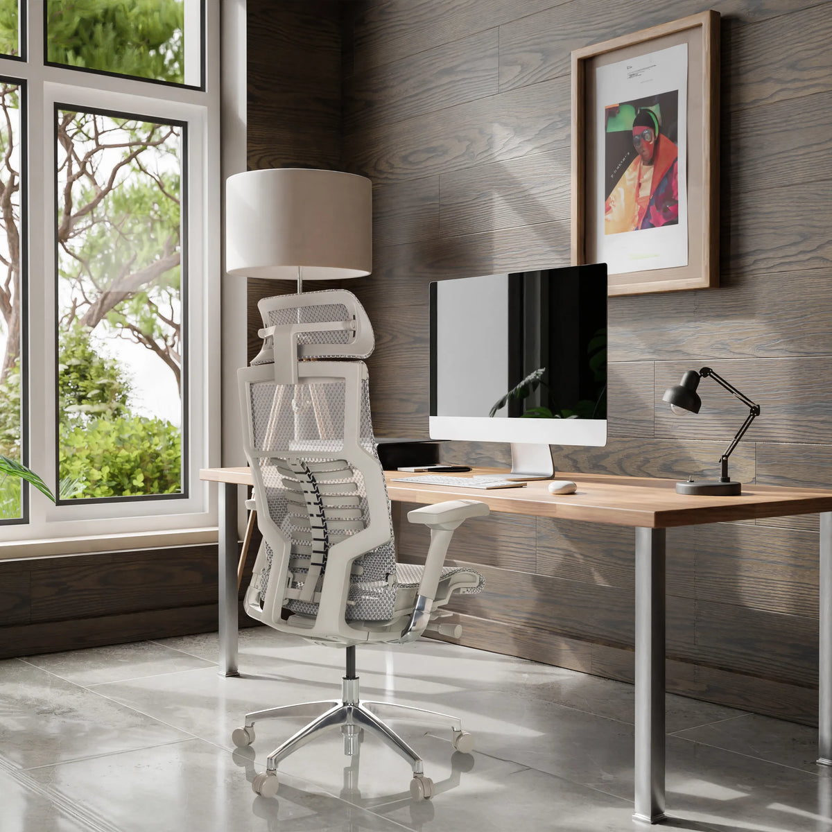 Siège de bureau haut de gamme POFIT G GEN2 gris clair avec dossier en maille et appuie-tête de hjh OFFICE