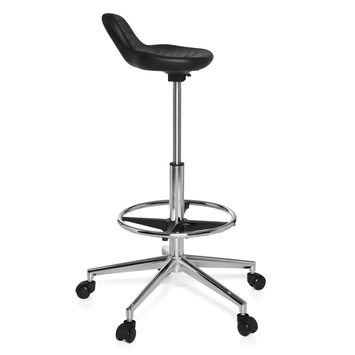 Tabouret pivotant noir TOP WORK 03 avec repose-pieds et base à cinq roulettes de hjh OFFICE – vue à 360° (vue de profil 80°)