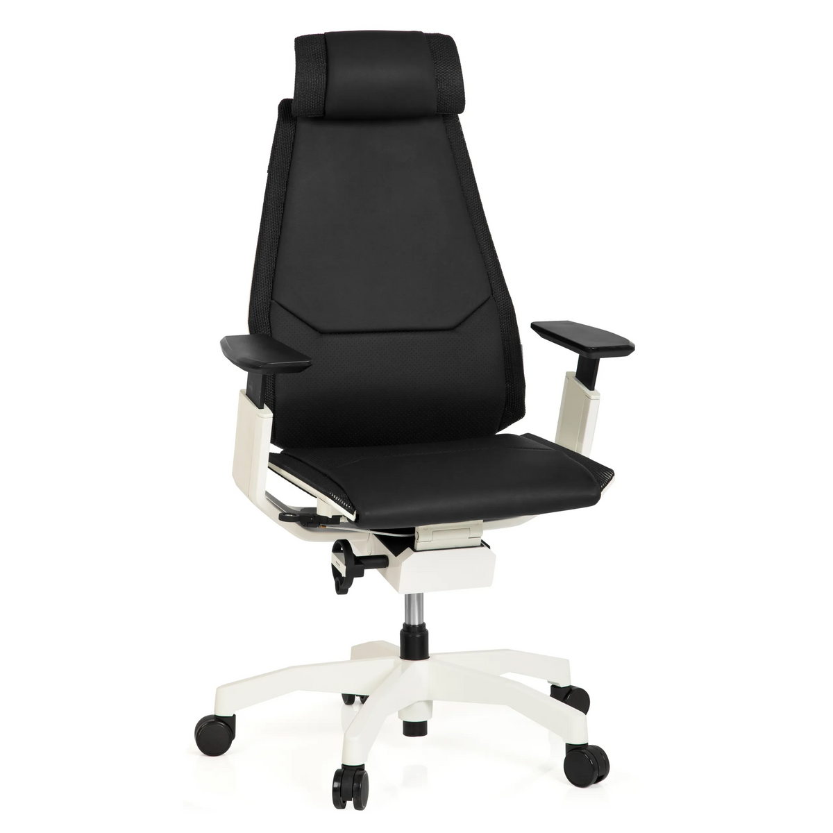 Siège de bureau haut de gamme GENIDIA PRO WHITE noir en cuir avec piètement blanc et cinq roulettes de hjh OFFICE – vue à 360° (vue de face 20°)