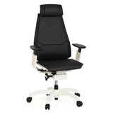 Siège de bureau haut de gamme GENIDIA PRO WHITE noir en cuir avec piètement blanc et cinq roulettes de hjh OFFICE – vue à 360° (vue de face 20°)