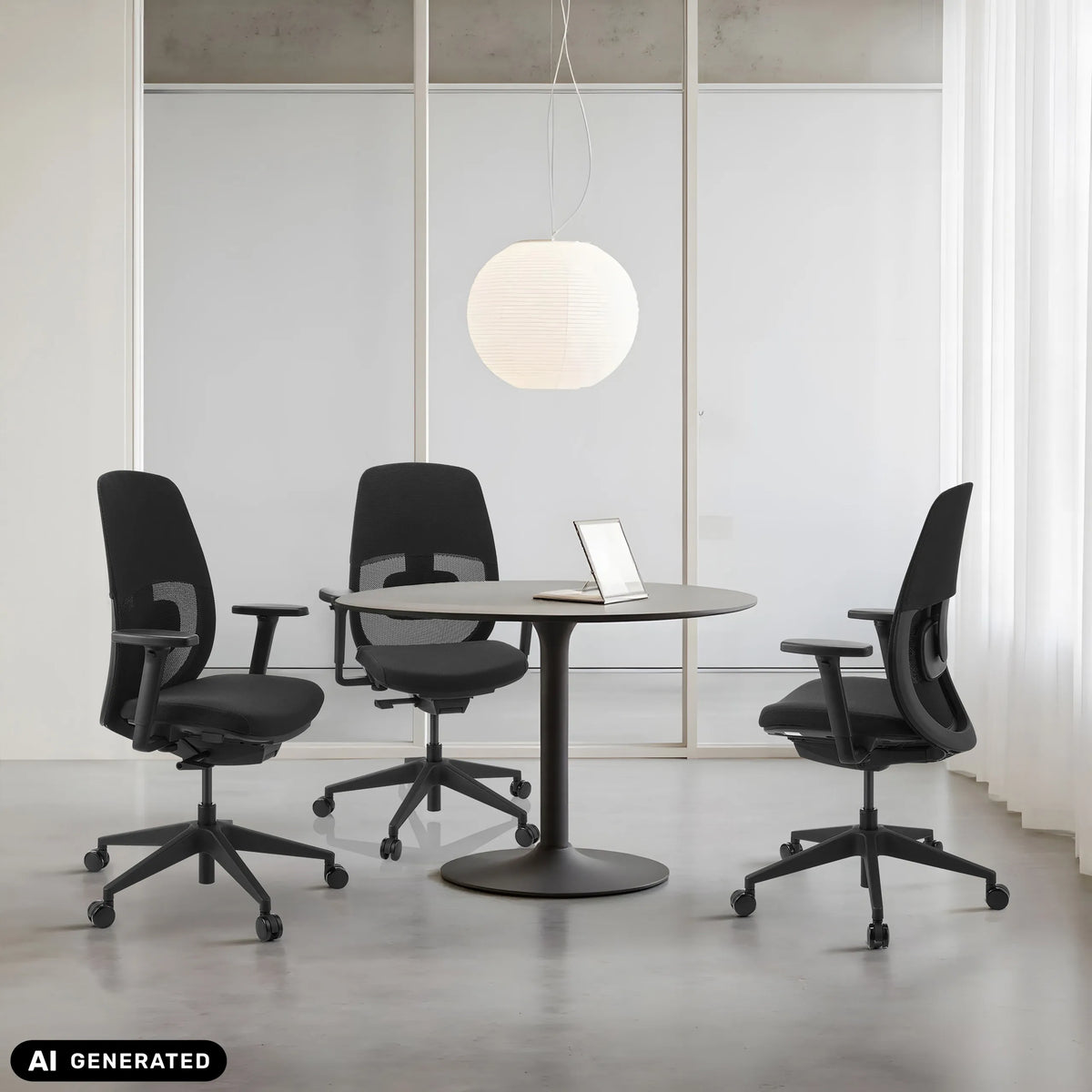 Trois sièges de bureau de qualité professionnelle Skandis en noir autour d'une table ronde de hjh OFFICE (image générée par IA)