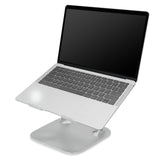 Support pour ordinateur portable LAPTOP STAND argenté avec un ordinateur portable placé dessus en position inclinée de hjh OFFICE